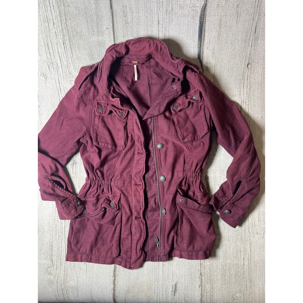 Free People Military Utility Jacket Womens Small Burgundy Boho Gorpcore